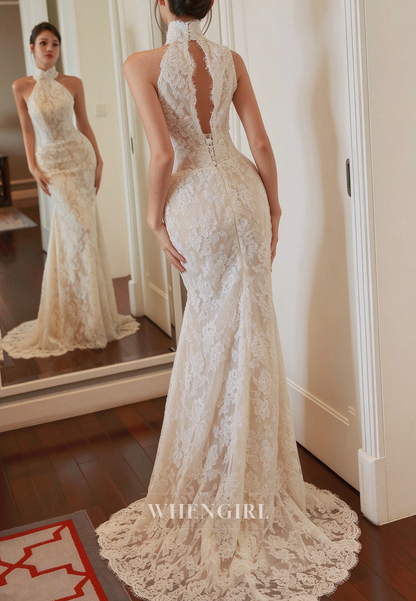 High Neck Lace Halter Mermaid Wedding Dress