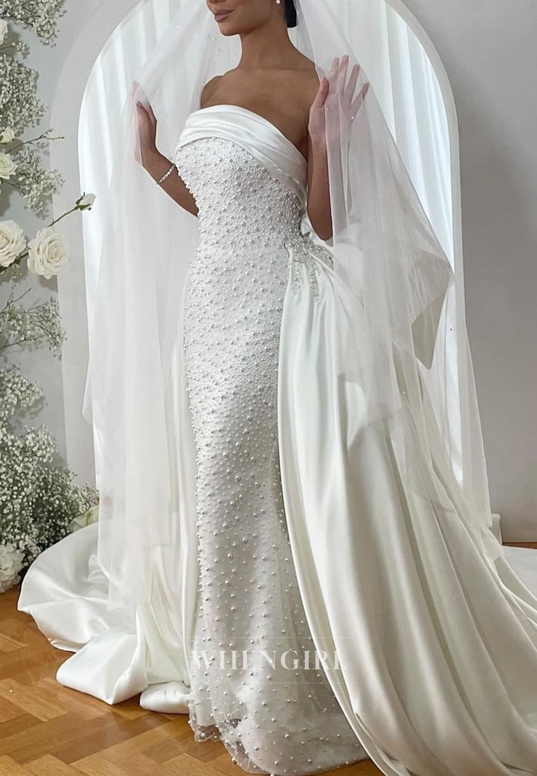 Pearl-Embellished Strapless Gown with Train