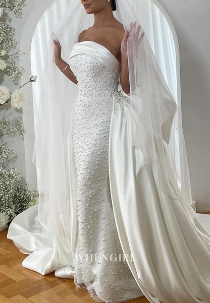 Pearl-Embellished Strapless Gown with Train