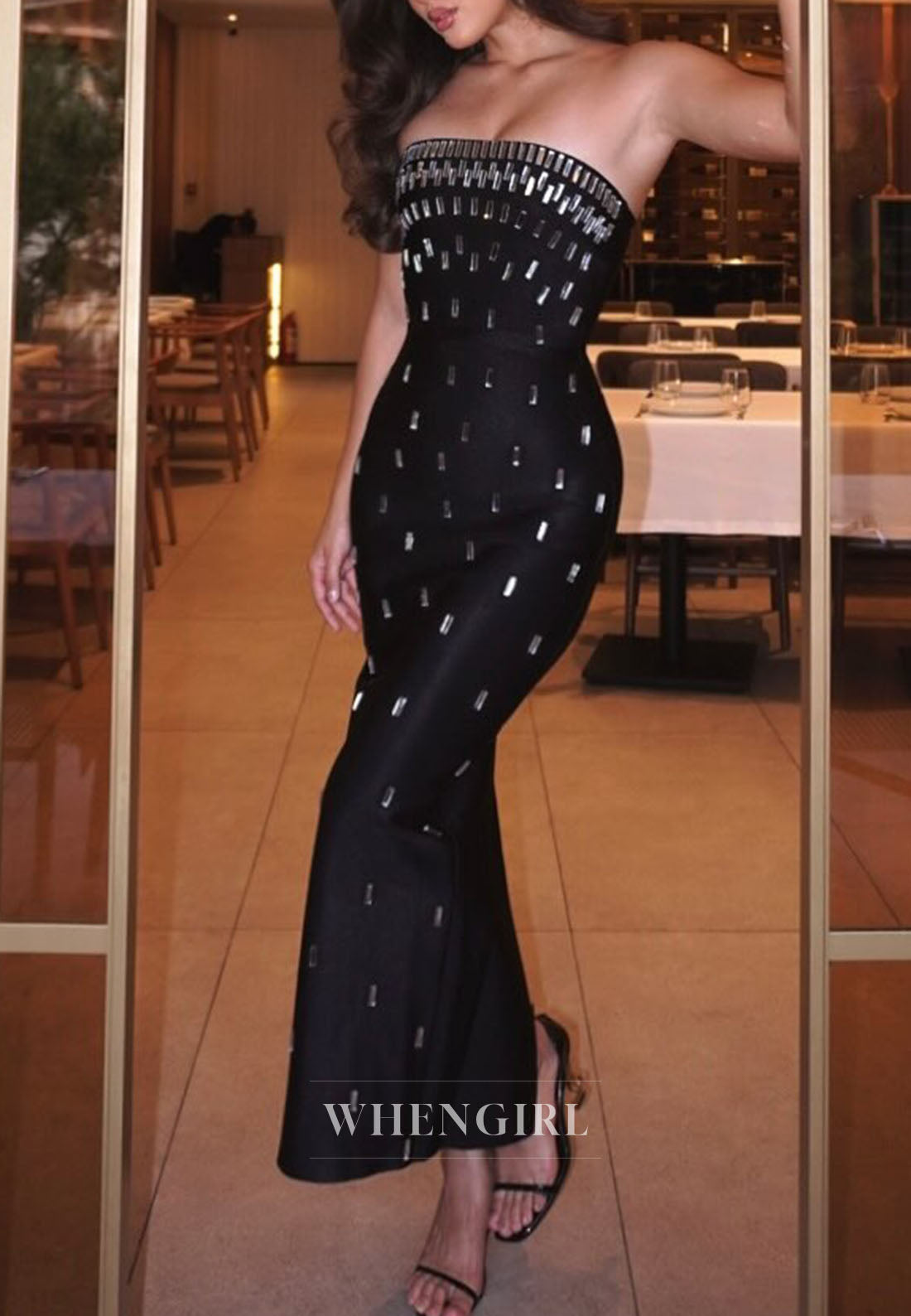 Strapless Rhinestone Embellished Column Maxi Dress