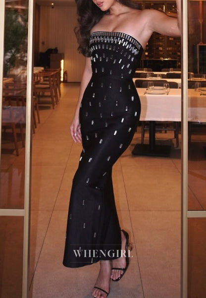 Strapless Rhinestone Embellished Column Maxi Dress