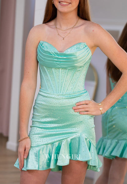 Strapless Rhinestone Corset Mini Dress with Ruffle Hem