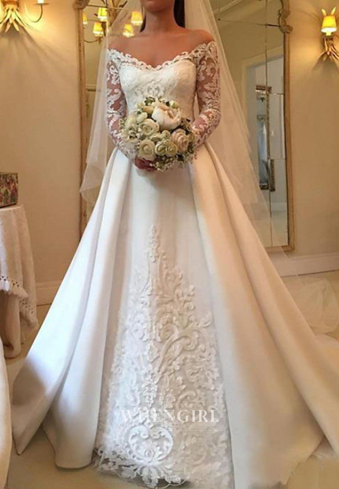 Off-the-Shoulder Lace Applique A-Line Wedding Dress