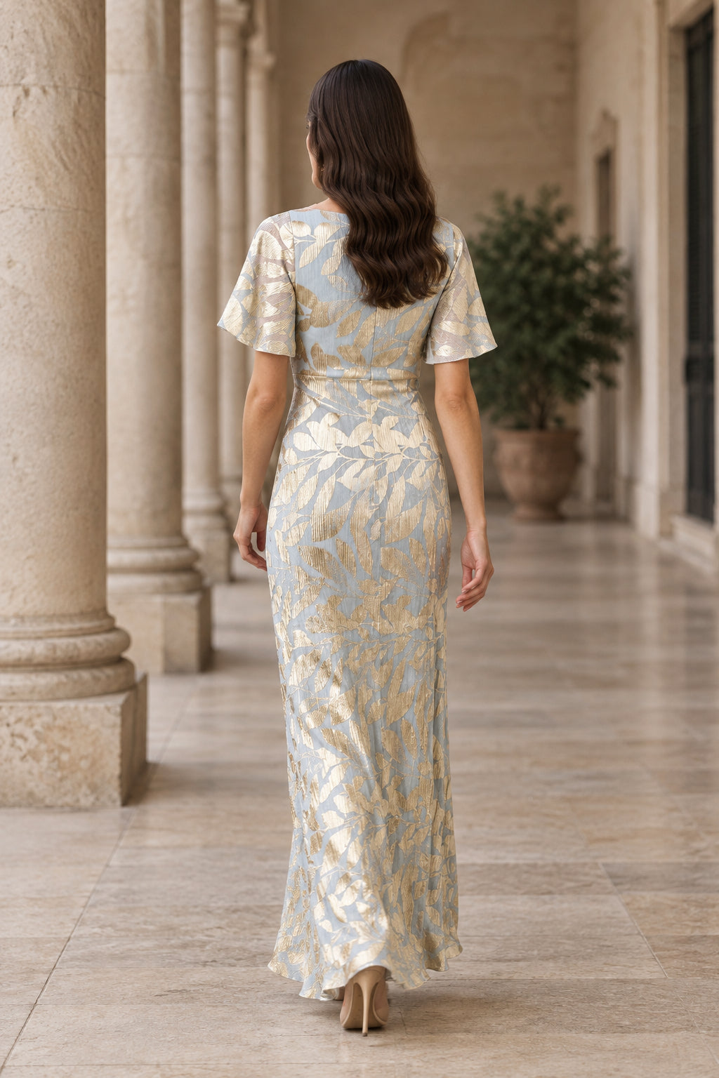 Metallic Leaf Flutter Sleeve Maxi Dress with Slit