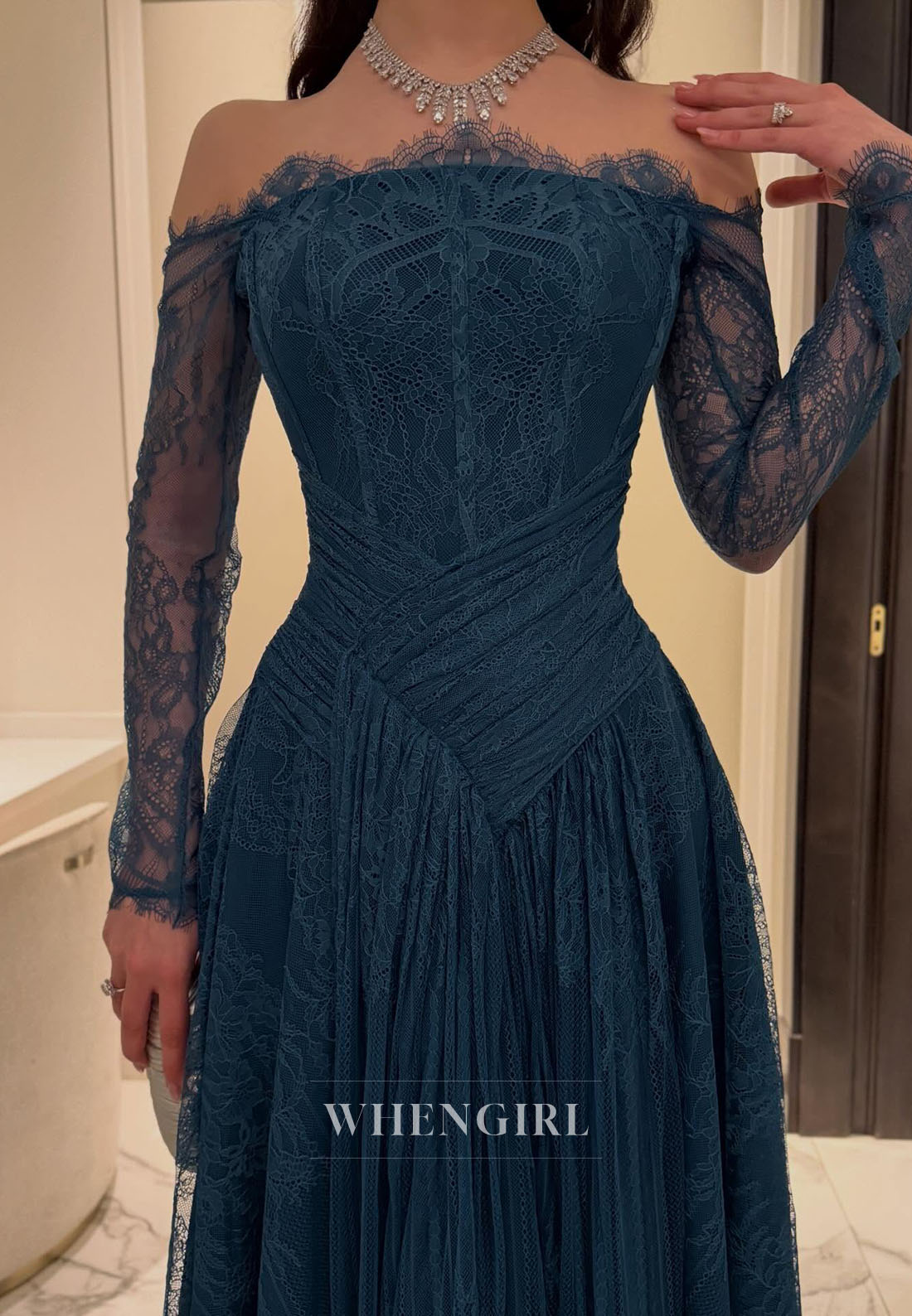 Off-the-Shoulder Lace Gown with Pleated Bodice
