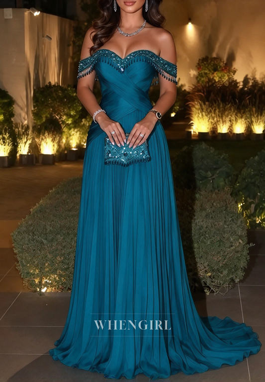 Off-the-Shoulder Beaded Pleated Evening Gown