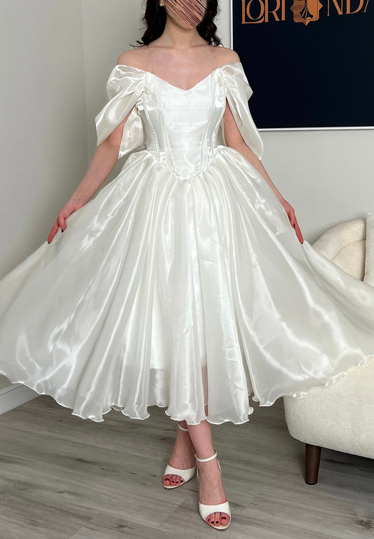 Corset Midi Dress with Off-Shoulder Draped Sleeves