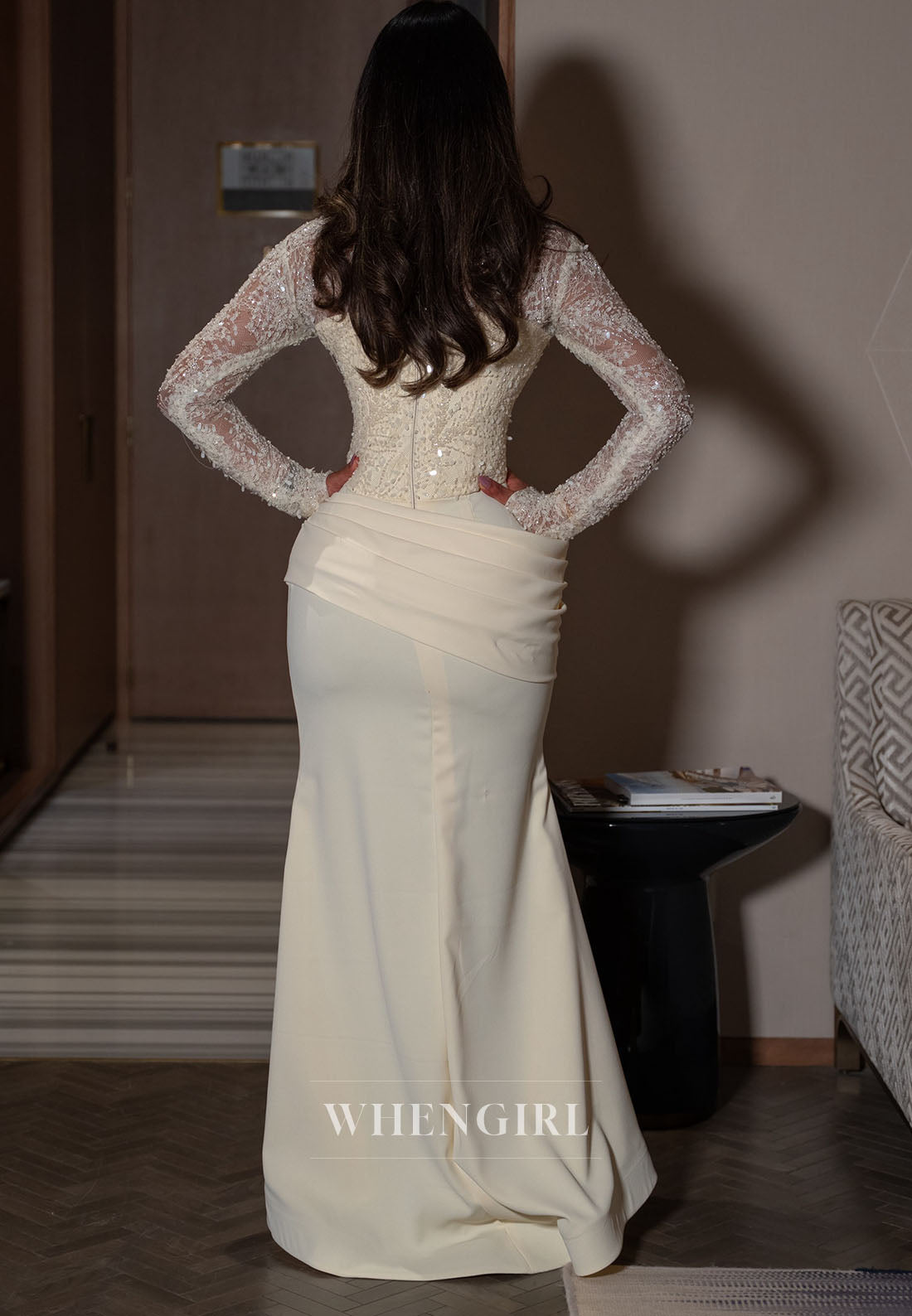 Corset Evening Gown with Beaded Lace Sleeves