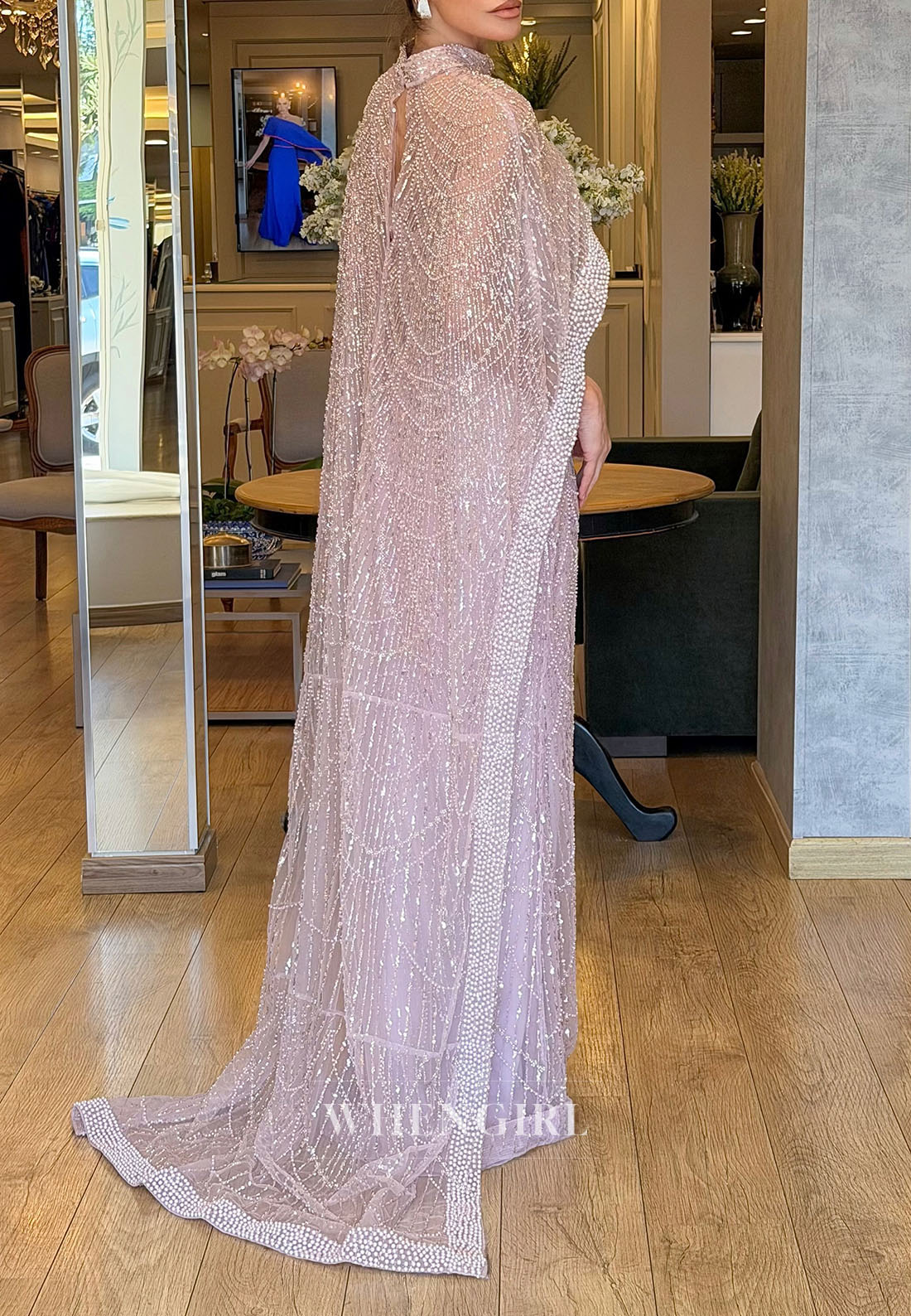 Beaded Column Gown with High-Neck Cape