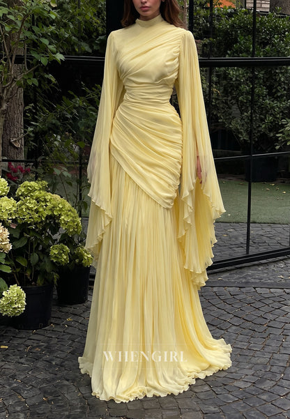 High Neck Pleated Gown with Cape Sleeves