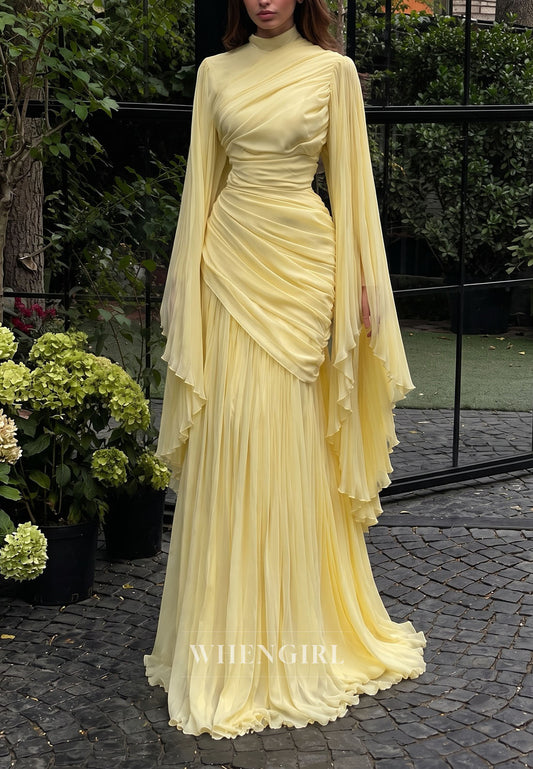 High Neck Pleated Gown with Cape Sleeves