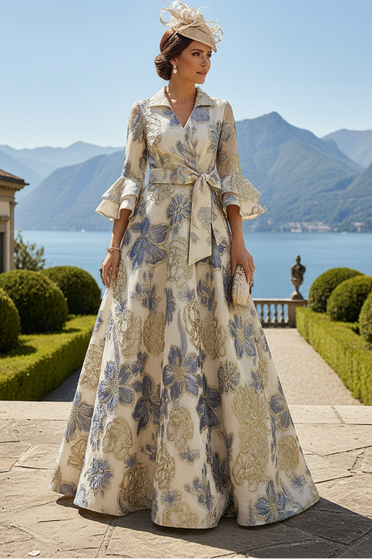 Floral Jacquard A-Line Maxi Dress with Ruffle Sleeves