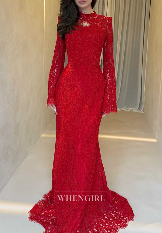 High Neck Long Sleeve Lace Mermaid Gown