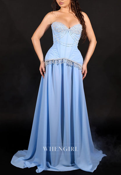 Strapless Beaded Corset Chiffon Evening Gown
