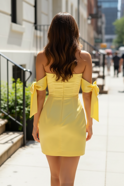 Off-the-Shoulder Bow Satin Mini Dress