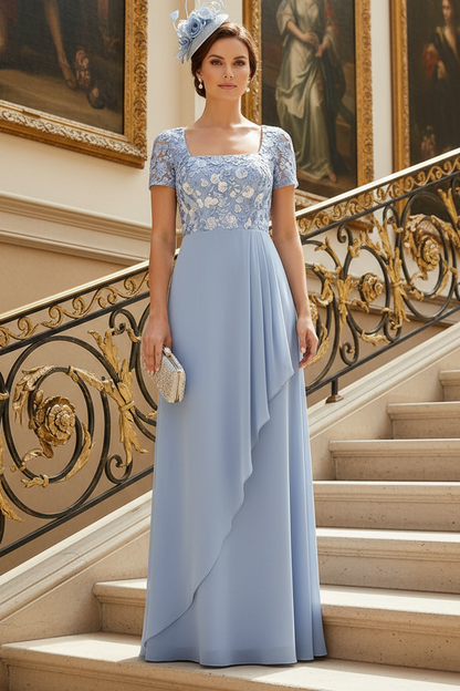 Square Neck Embroidered Chiffon A-Line Gown