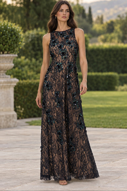 Sequin Floral Lace Sleeveless Evening Gown