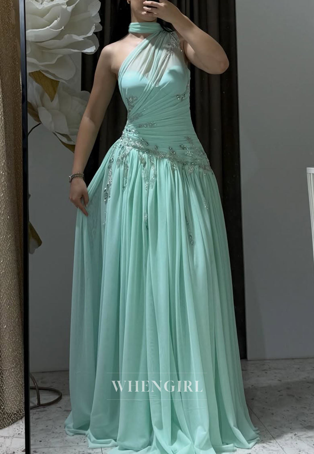 One-Shoulder Pleated Chiffon Evening Gown