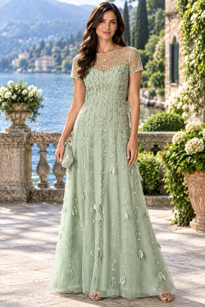 Beaded Illusion A-Line Maxi Dress with Sleeves