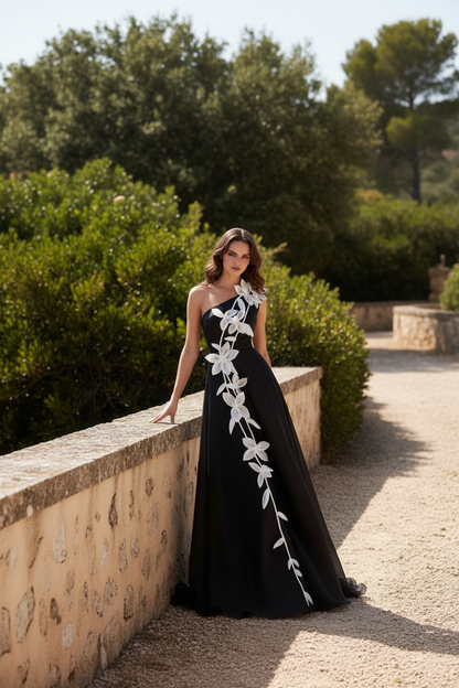 One-Shoulder Floral Applique A-Line Gown