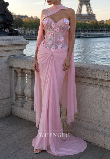 Floral Corset Sheath Gown with Cape Drape