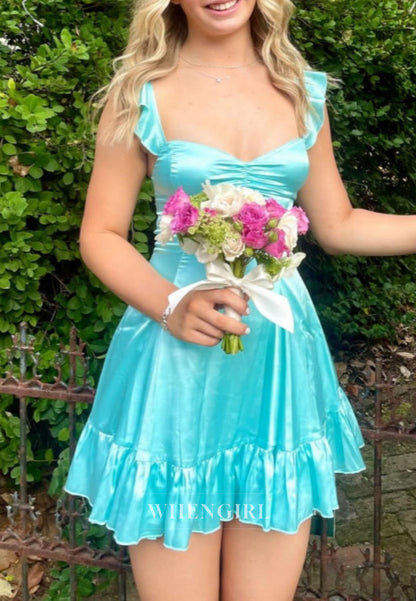 Satin Mini Dress with Ruffle Hem and Flutter Straps