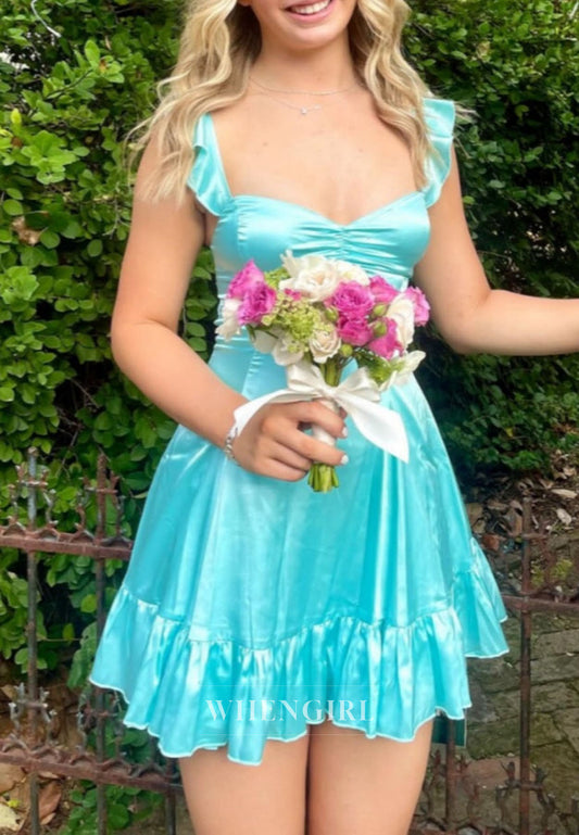 Satin Mini Dress with Ruffle Hem and Flutter Straps