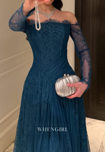 Off-the-Shoulder Lace Gown with Pleated Bodice
