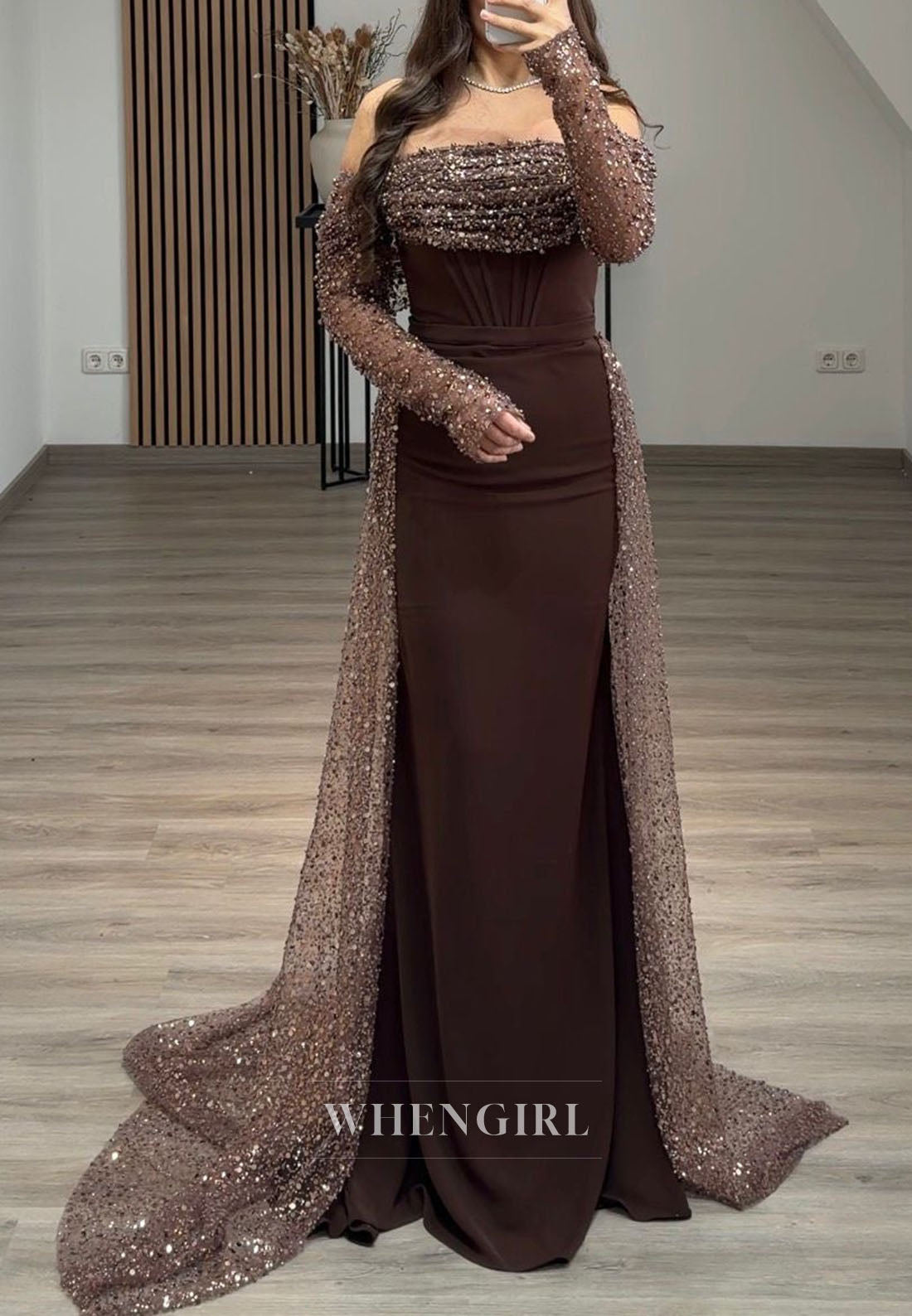 Beaded Off Shoulder Mermaid Gown with Sequin Cape