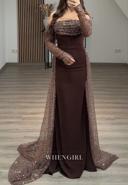 Beaded Off Shoulder Mermaid Gown with Sequin Cape