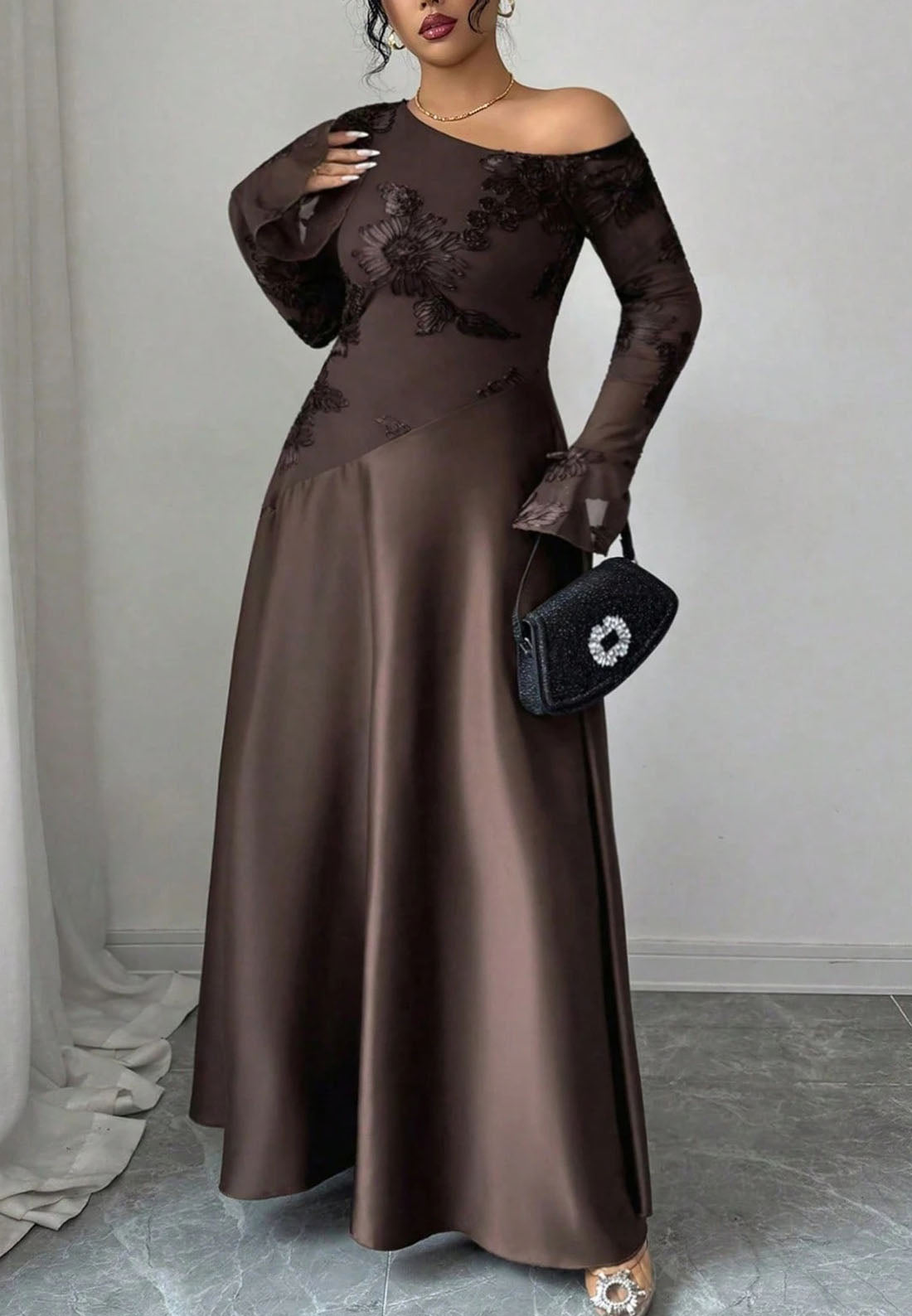 Asymmetrical Neck Floral Lace Maxi Dress