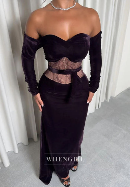 Velvet Off-the-Shoulder Gown with Lace Waist