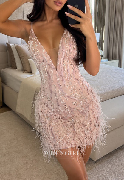 Sequined Feather Plunging V-Neck Mini Dress