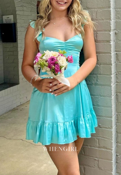 Satin Mini Dress with Ruffle Hem and Flutter Straps