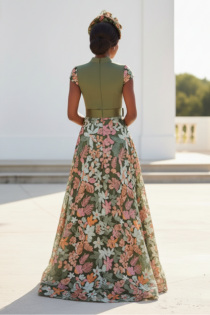 Floral Embroidered A-Line Evening Gown with Sash