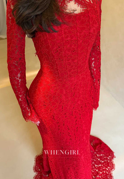 High Neck Long Sleeve Lace Mermaid Gown