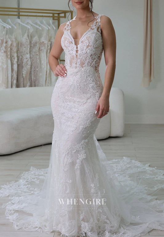 Lace Applique Mermaid Wedding Dress with Train