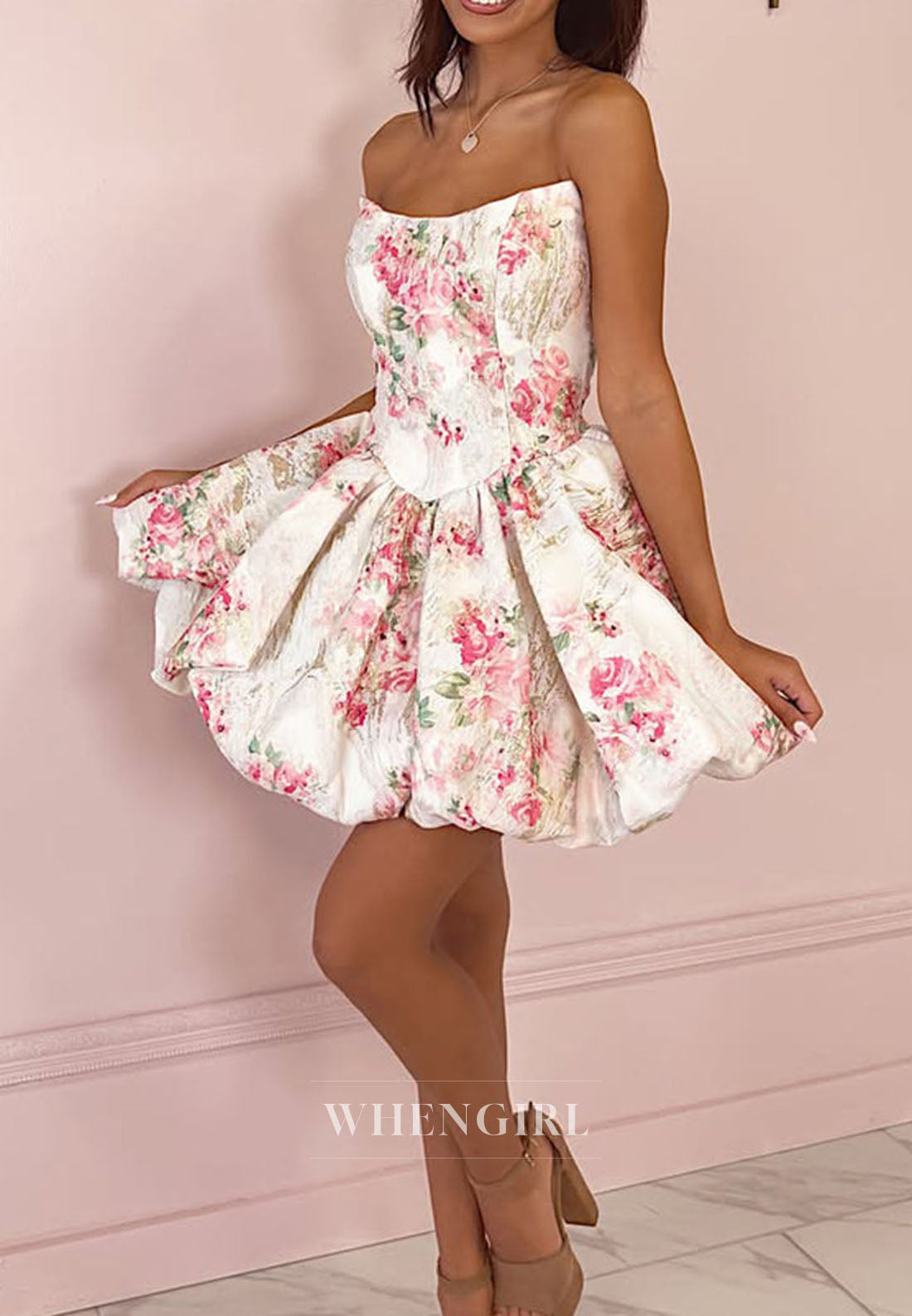 Strapless Floral Jacquard Mini Bubble Dress