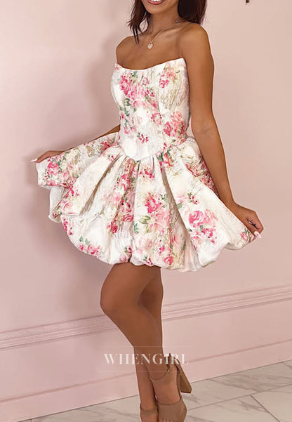 Strapless Floral Jacquard Mini Bubble Dress