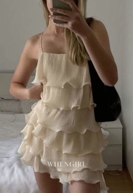 Tiered Ruffle Mini Dress with Square Neck Spaghetti Straps