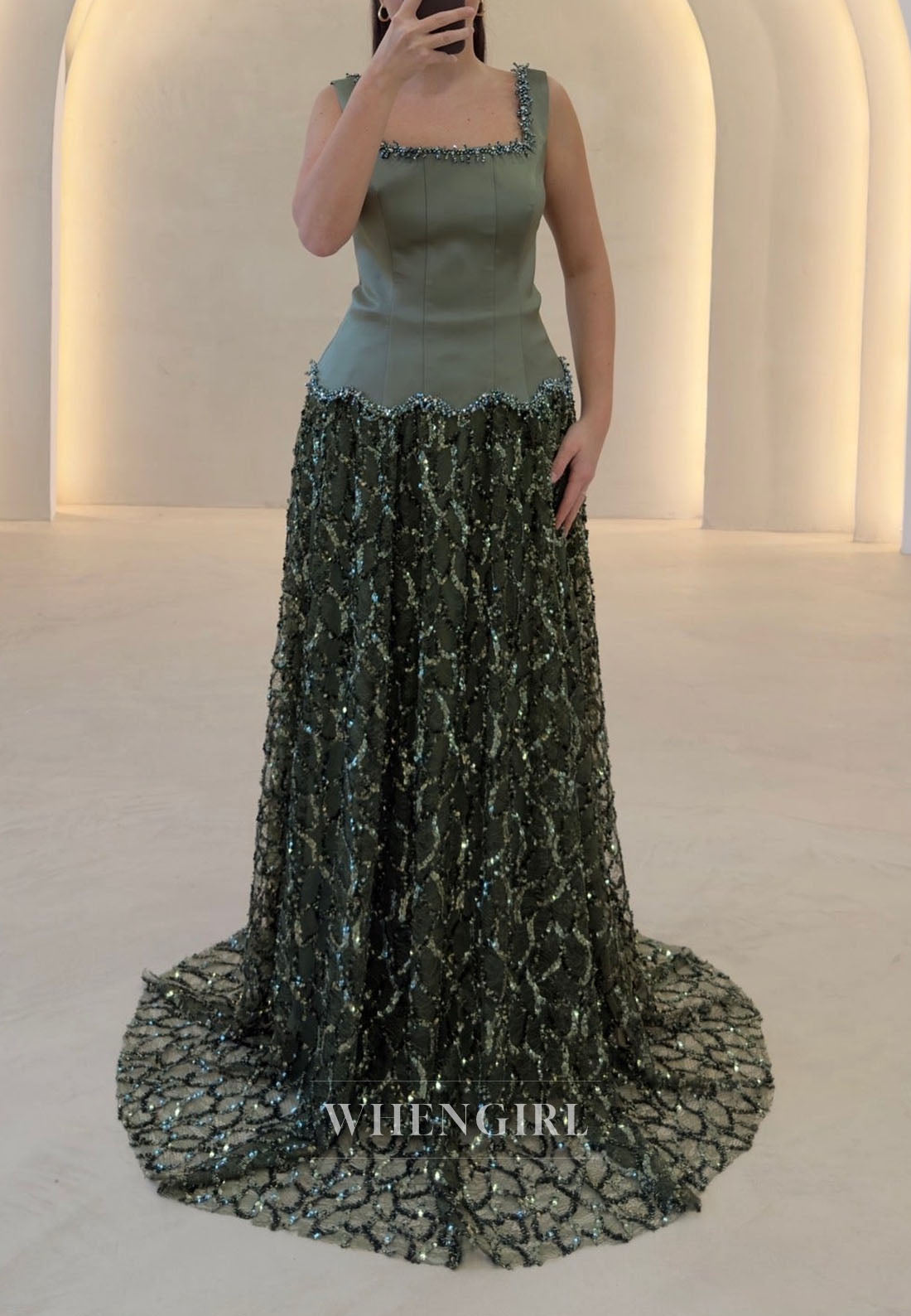 Square Neck Dropped Waist Sequin Evening Gown