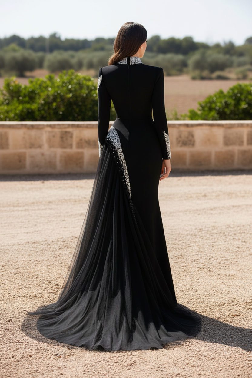 Beaded High Neck Evening Gown with Draped Skirt