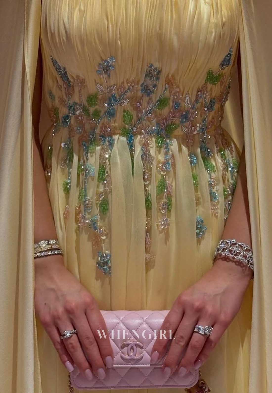 Embroidered Square Neck Cape Chiffon Formal Gown