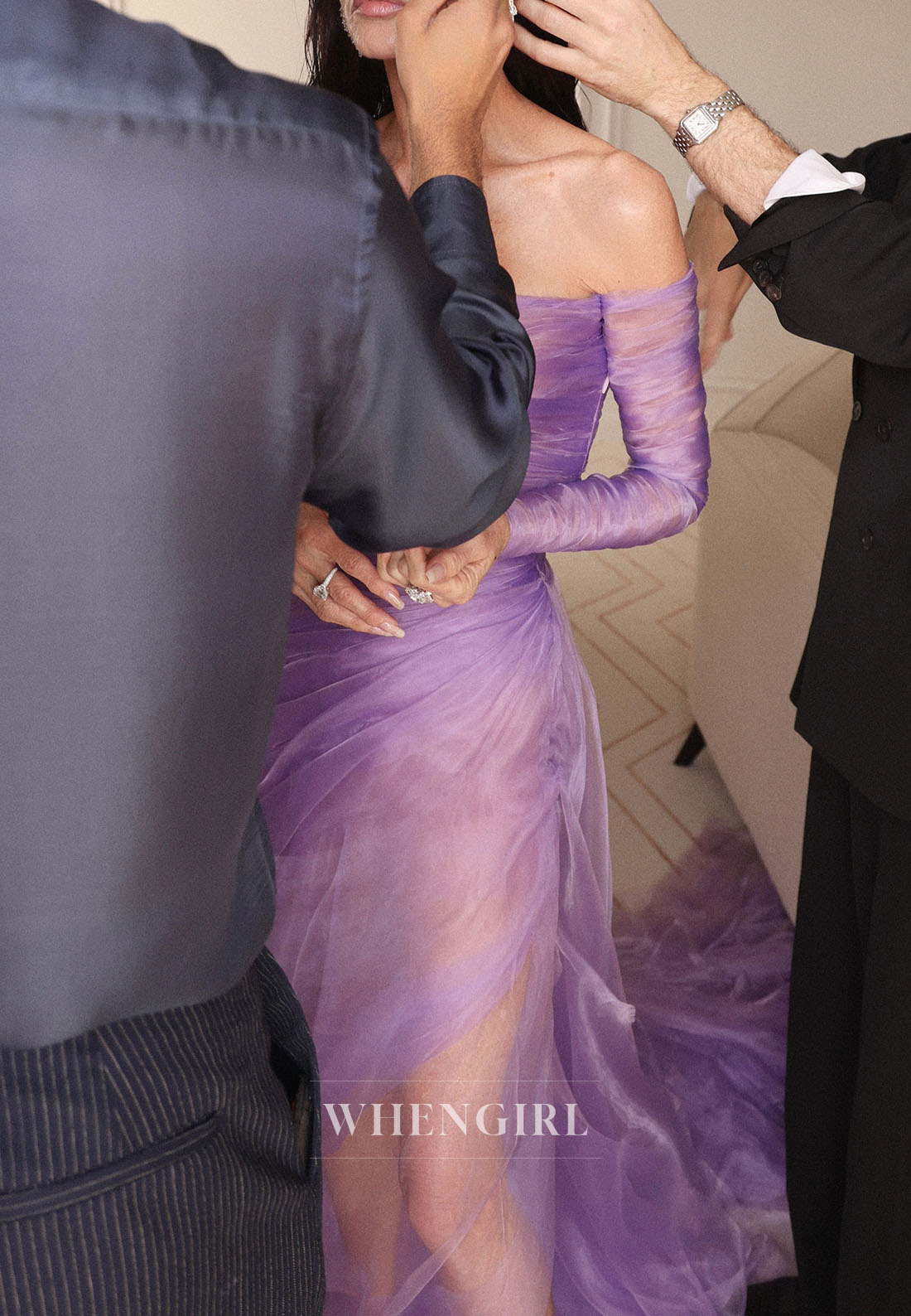 Off Shoulder Ruched Tulle Gown with Train