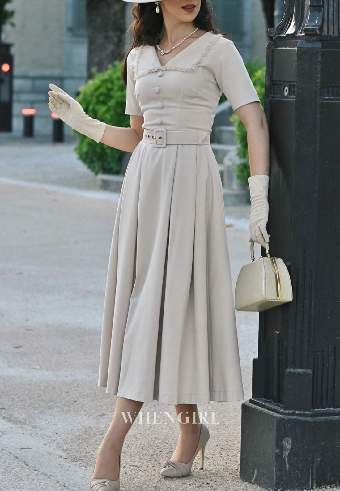 Collared Midi Dress with Pleated Skirt and Belt