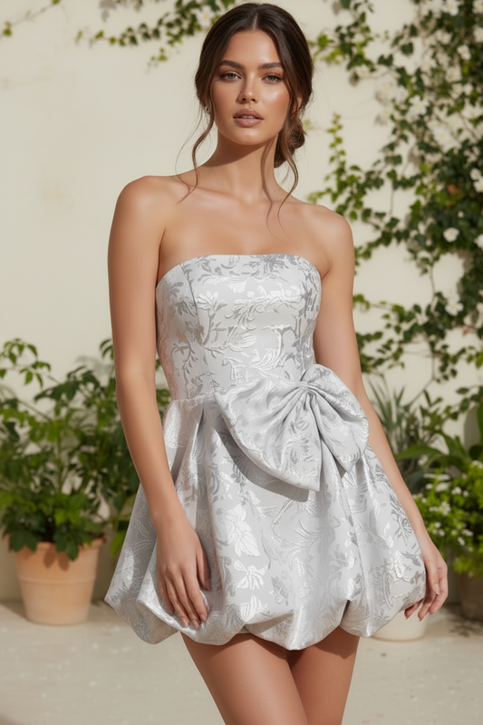 Strapless Jacquard Bubble Skirt Mini Dress with Bow
