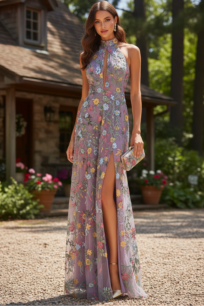 Floral Embroidered Halter Gown with High Slit