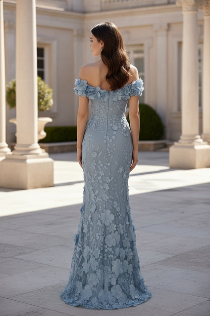 3D Floral Off-the-Shoulder Trumpet Evening Gown