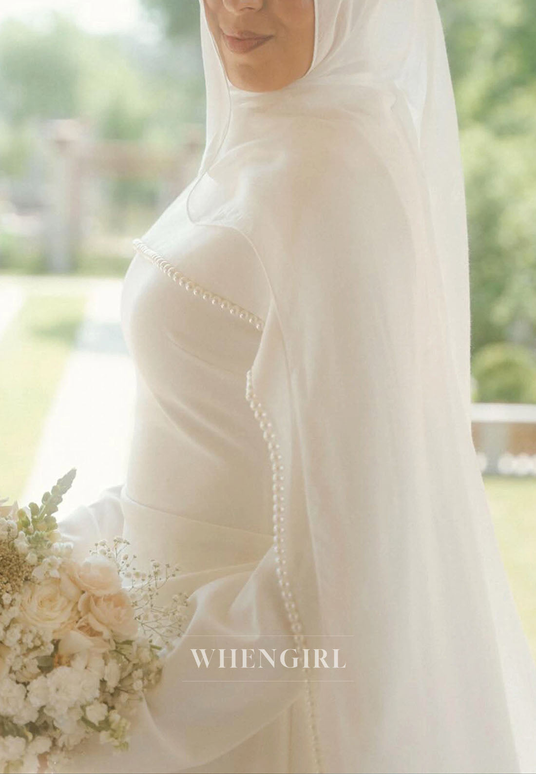 Long Sleeve Wedding Dress with Cape and Pearls