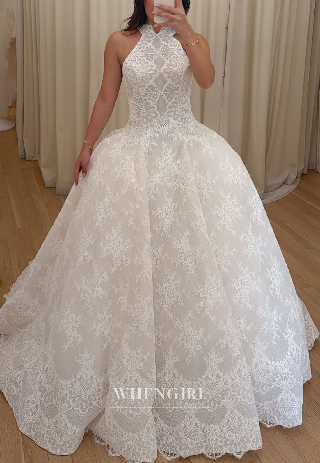 Halter Neck Lace Ball Gown Wedding Dress